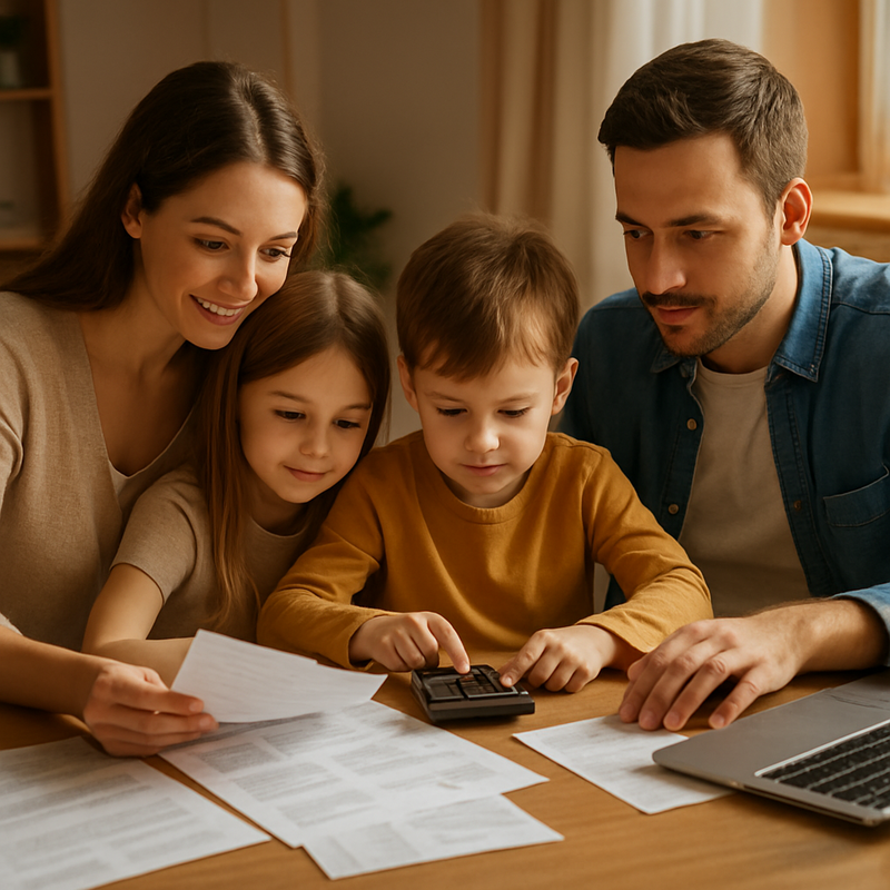 Gezin bereidt financiële planning voor met laptop, calculator en uitgaven op tafel