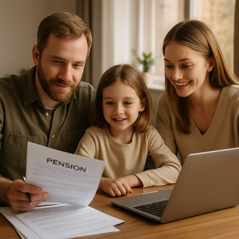 Nederlandse familie bespreekt pensioenplanning thuis met laptop en documenten