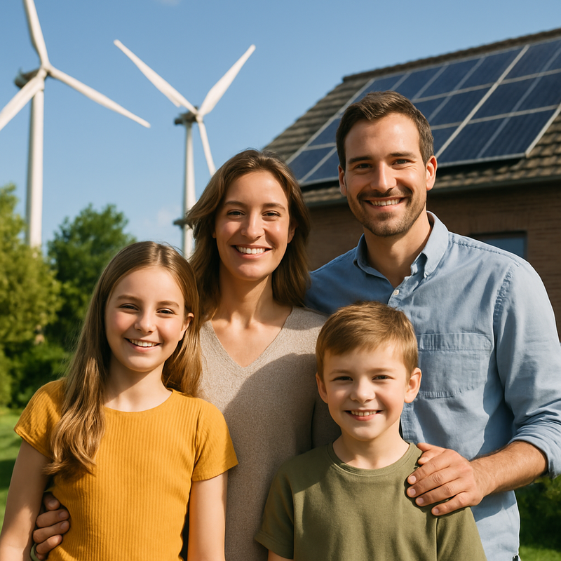 Modern Nederlands gezin voor huis met zonnepanelen en windturbines op achtergrond