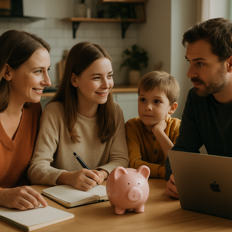 Nederlandse familie aan tafel bespreekt financiën met notitieboekjes en laptop
