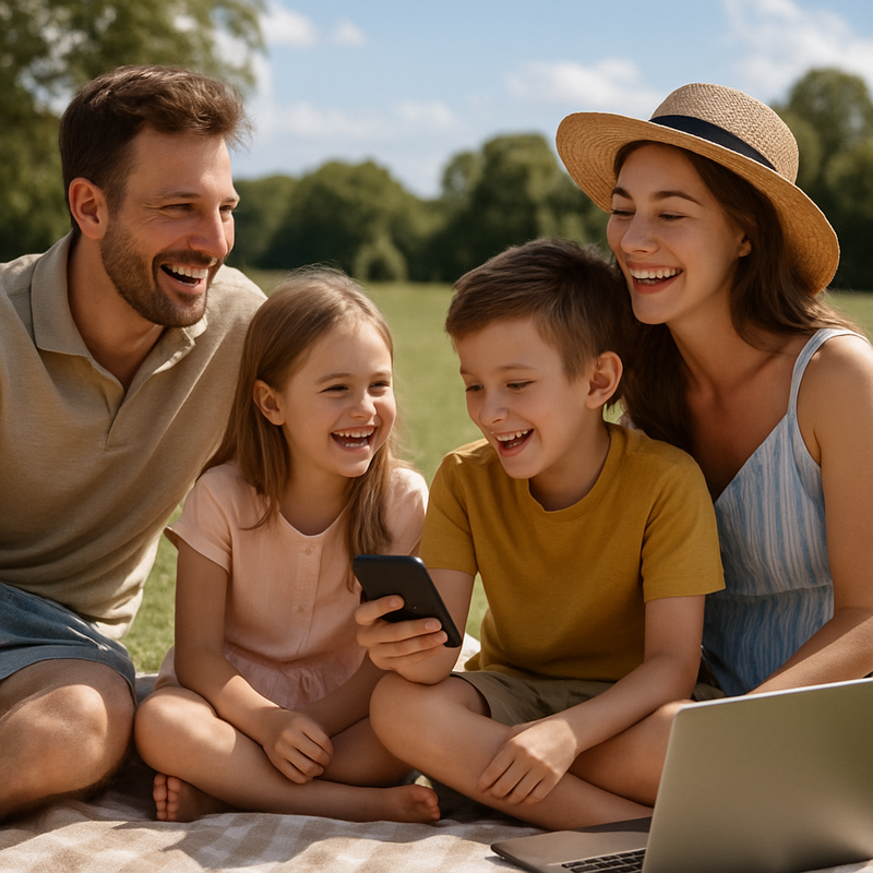 Gezin op picknickkleed plant vakantie met smartphone en laptop in de natuur