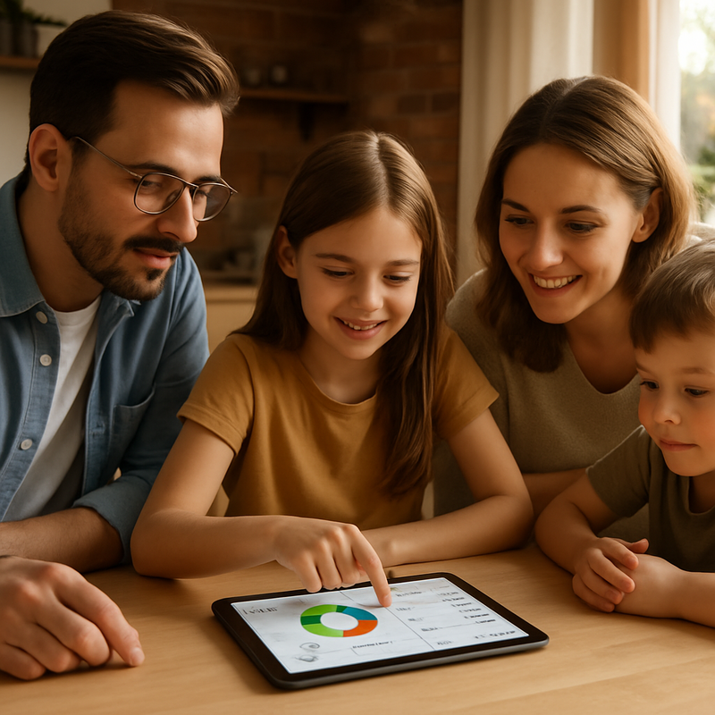 Familie met tablet die gezinsbudgettering toepast in moderne keuken