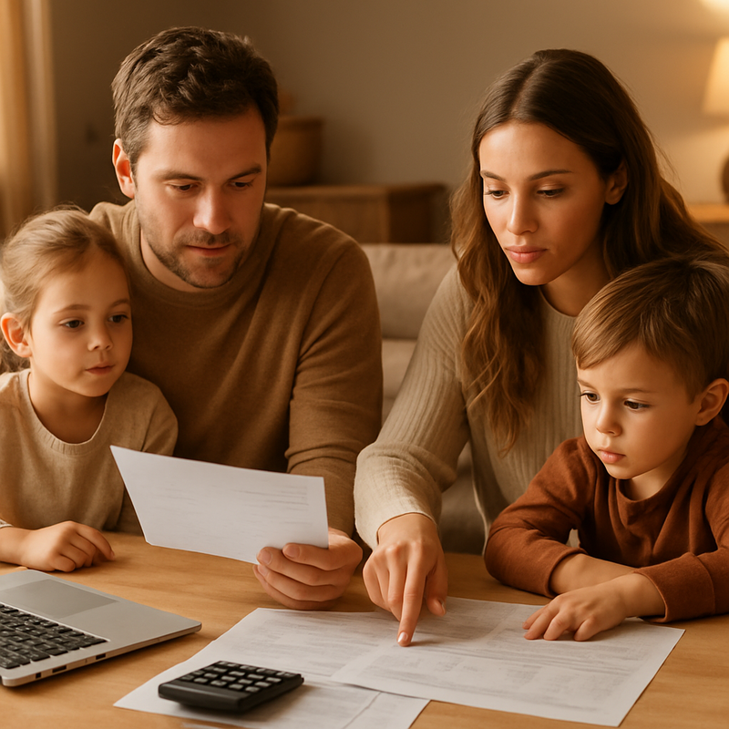 Nederlandse familie die financiën thuis bespreekt en budget berekent