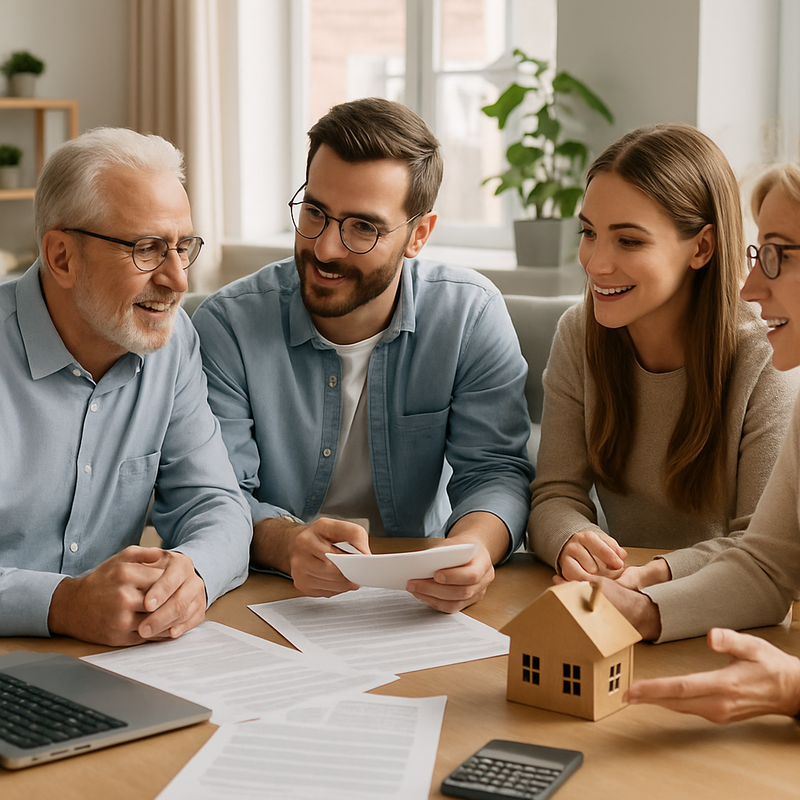 Meer generatie familie bespreekt financiële documenten over familieleningen en hypotheek in modern huis