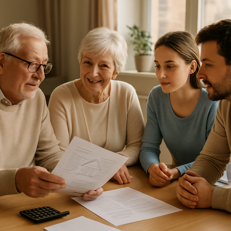 Meer-generatie gezin dat financiële papieren bespreekt met oudere ouders thuis