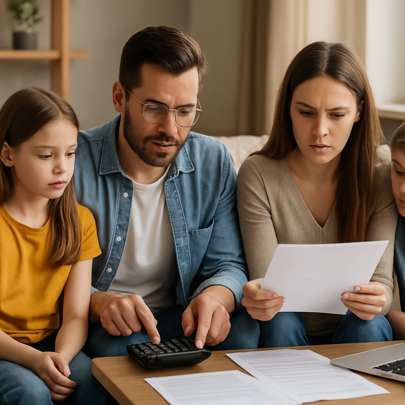 Gezin bekijkt financiële documenten en bespreekt belastingregels aan tafel
