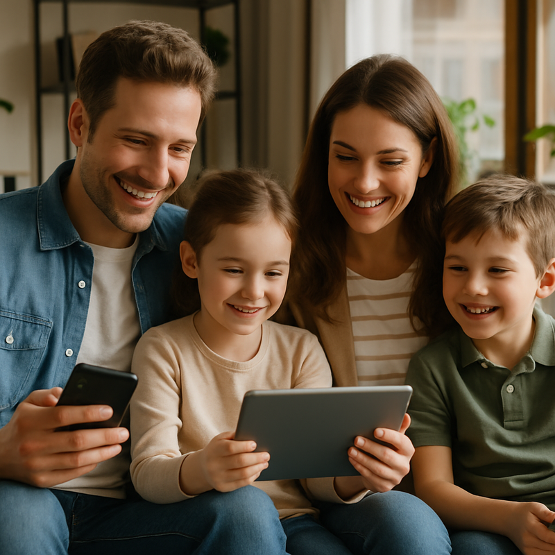 Gezin gebruikt digitale bankieren op tablet en smartphone thuis