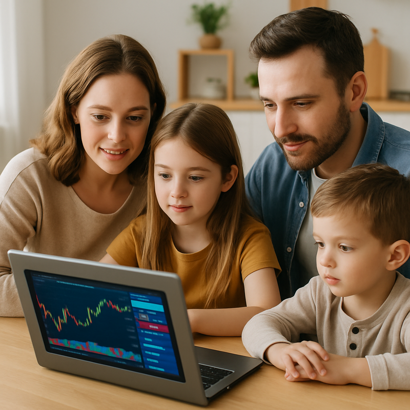 Nederlandse familie kijkt samen naar een laptop met beursapp interface in een moderne woning.