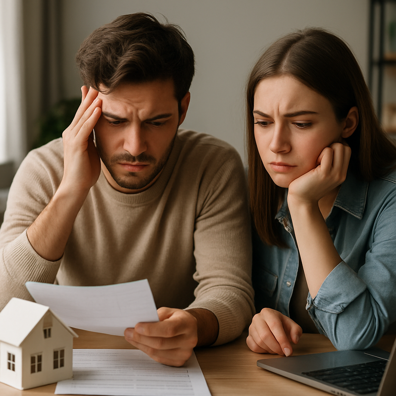 Jongere bekijkt financiële documenten en laptop thuis, huismodel op tafel, gefocust op woningmarktuitdagingen