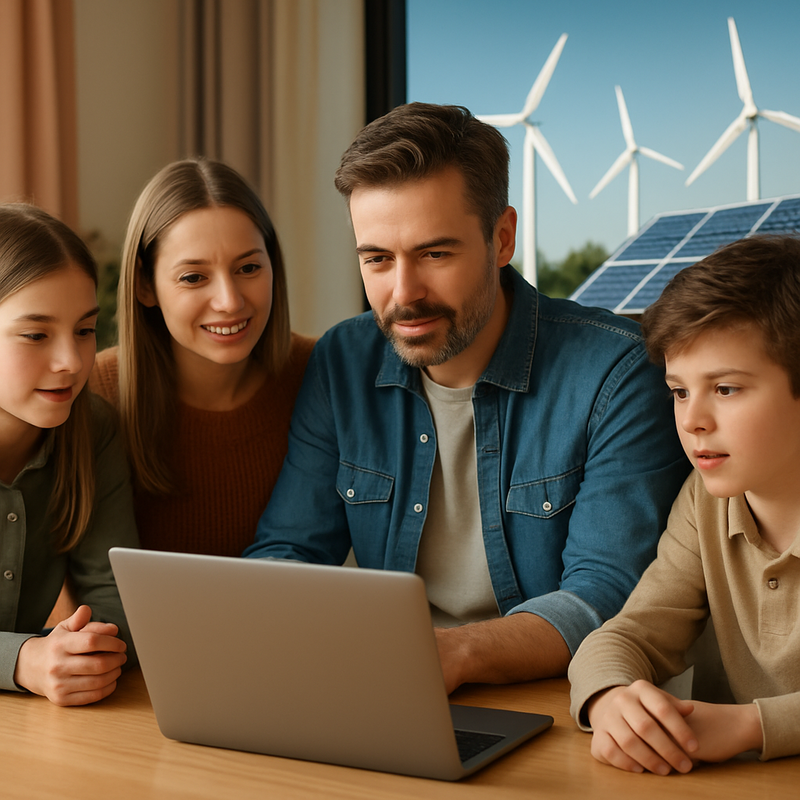 Nederlandse familie kijkt naar duurzame investeringsmogelijkheden op een laptop met groene energie symbolen op de achtergrond