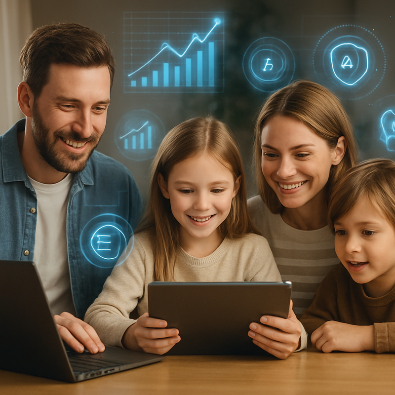 Gezin thuis met laptop en tablet, digitale financiële data en AI-symbolen zichtbaar