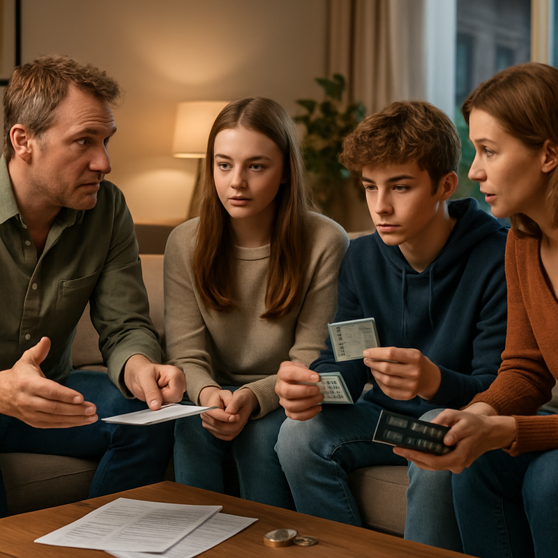 Ouders en tieners praten samen over geld in een gezellige huiskamer