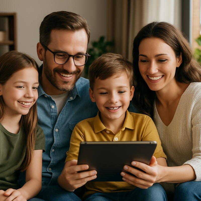 Nederlandse familie die samen een tablet gebruikt voor financieel beheer met fintech-apps