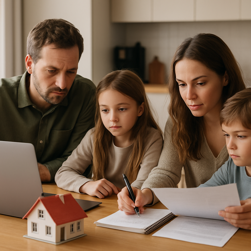 Nederlandse familie bekijkt hypotheekrentes en financiële plannen thuis aan tafel