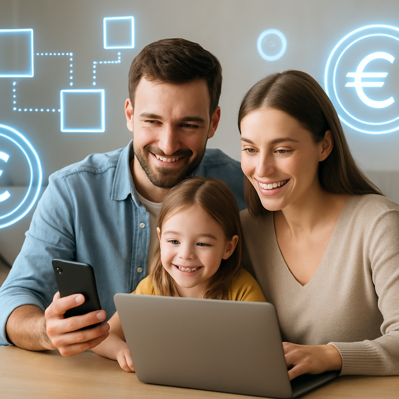 Moderne familie beheert digitale financiën met blockchain en digitale euro iconen op schermen