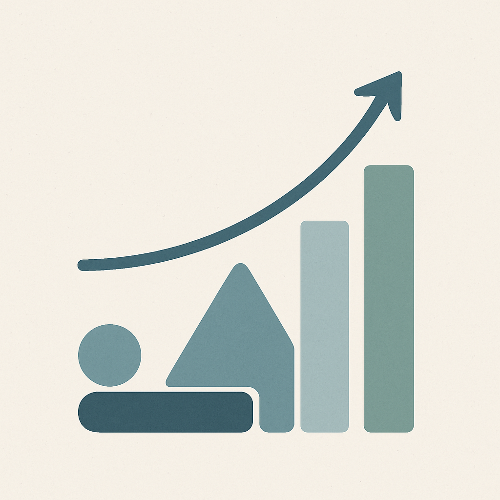 Een minimalistische, abstracte afbeelding die financiële efficiëntie en groei voorstelt. Geselecteerde, blokvormige elementen vormen een stevige basis, met een opwaartse curve die rendement en vermogensopbouw symboliseert, alles in rustige kleuren.