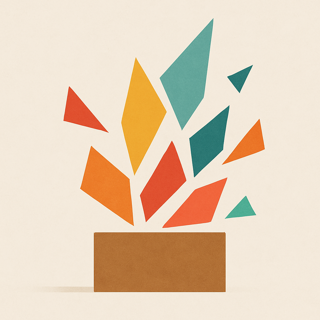 Een minimalistische afbeelding met een stevige, rechthoekige basis in aardetinten, waaruit felgekleurde, dynamische, abstracte vormen oprijzen en eromheen zweven, die het evenwicht tussen stabiele en risicovolle investeringen symboliseren.