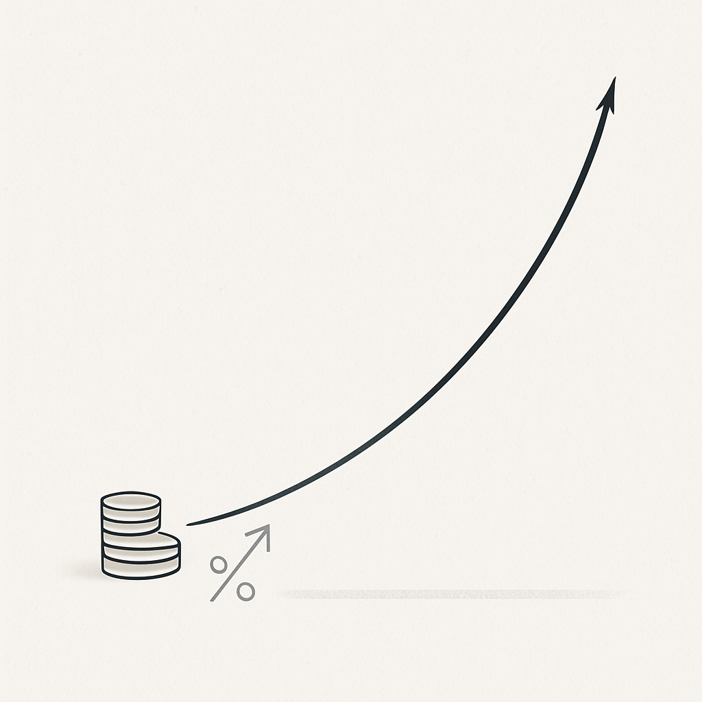 Een minimalistische afbeelding die exponentiële groei van vermogen weergeeft, met een omhooglopende curve die de invloed van initiële inleg, rentevoet en tijdsduur visualiseert.