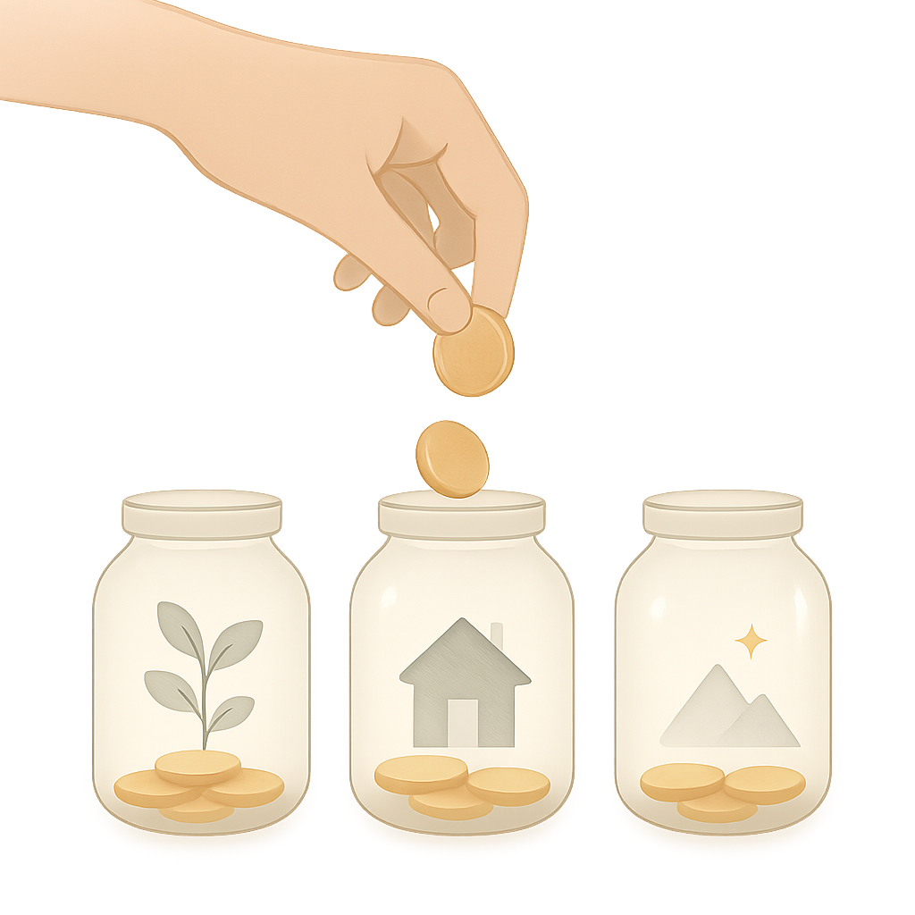 Een illustratie van een hand die munten in drie potjes laat vallen. De potjes staan voor sparen, vaste lasten en financiële doelen, wat consistentie en automatisering symboliseert.