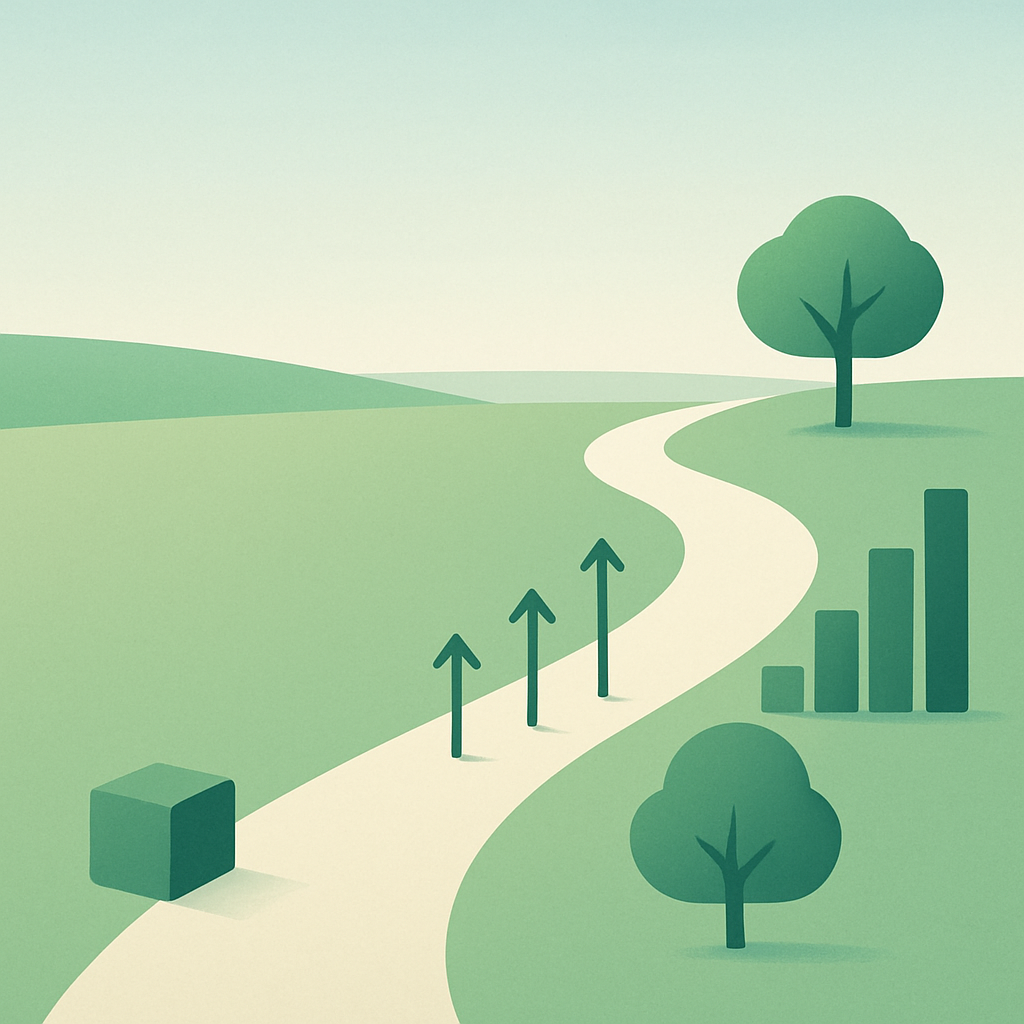 Een minimalistische afbeelding van een pad dat omhoog loopt, beginnend met een stevig blok (noodfonds), overgaand in groeiende lijnen (savings rate en indexbeleggen), en eindigend bij een open horizon (financiële vrijheid).