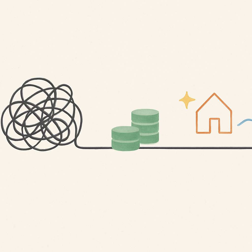 Een minimalistische illustratie van financiële vooruitgang: een rommelige lijn die overgaat in een strakke, georganiseerde lijn met daarnaast een stapel groene blokken voor de buffer en symbolen voor spaardoelen zoals een huis en een ster.