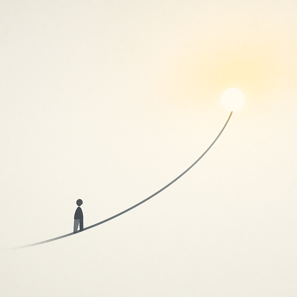 Een minimalistische afbeelding van een opwaartse curve die financiële groei symboliseert, met een abstract figuur dat naar een heldere horizon kijkt.