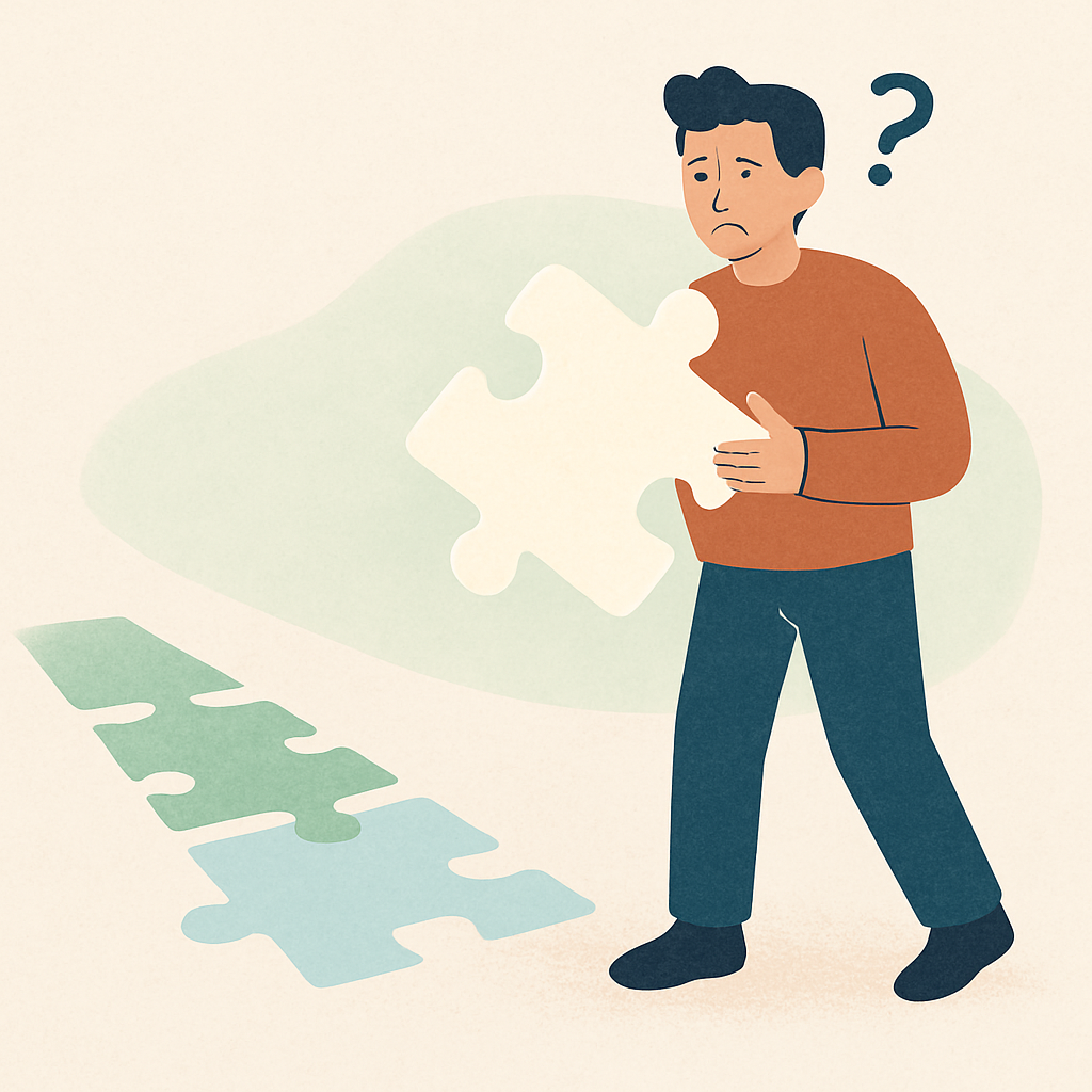 Een minimalistische afbeelding van een persoon die een verkeerd puzzelstuk vasthoudt. De persoon kijkt verward, maar vastberaden, met op de achtergrond een paar correct geplaatste puzzelstukken die een duidelijk pad vormen.