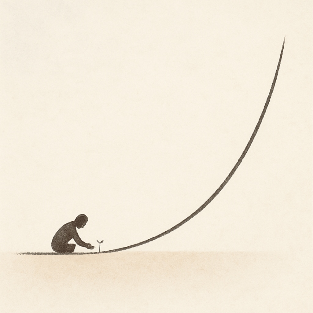 Een minimalistische illustratie van een exponentiële groeicurve die langzaam begint en dan snel stijgt, met een figuur die geduldig wacht aan het begin van de curve.