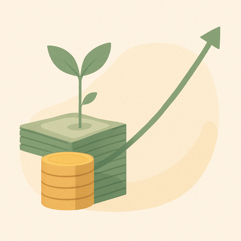 Een minimalistische afbeelding van een groeiende stapel munten met een klein plantje dat eruit ontspruit, verbonden met een opwaartse grafieklijn, die de groei van spaargeld door rente symboliseert.