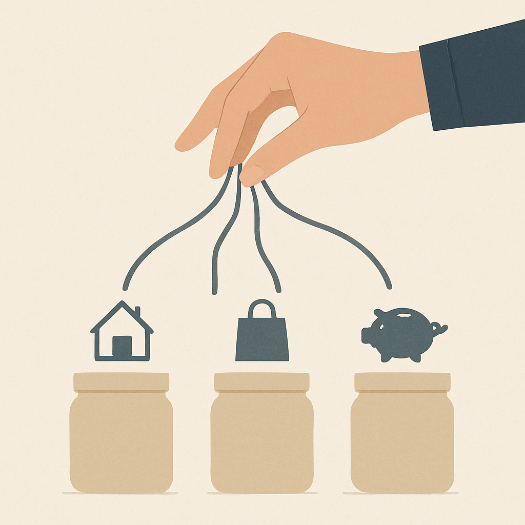 Een hand verdeelt drie abstracte geldstromen in drie potjes, met daarboven iconen voor behoeften (huis), wensen (shopping bag) en sparen (spaarvarken), in een minimalistische stijl.