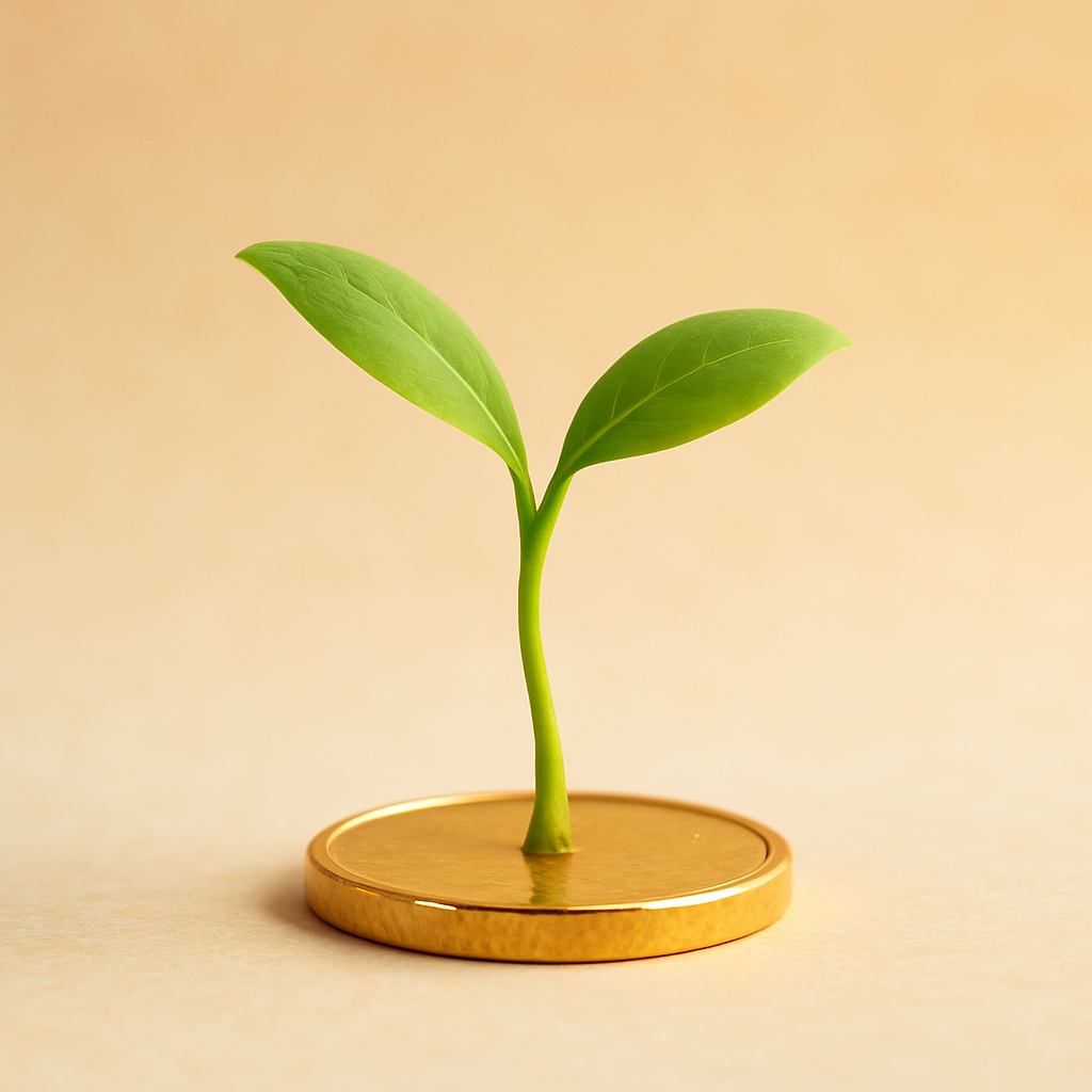 Een minimalistische afbeelding van een gouden munt waaruit een klein groen plantje ontspruit, symbool voor financiële groei en het beginnen met beleggen.