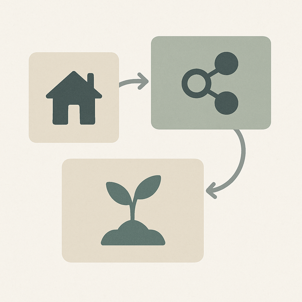 Een minimalistische afbeelding van drie abstracte boxen, elk met een symbool dat respectievelijk werk en woning, aanmerkelijk belang, en sparen en beleggen voorstelt, om de inkomstenbelastingstructuur te visualiseren.