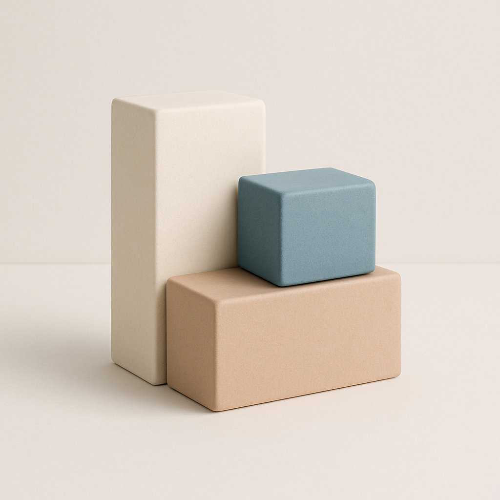 Drie abstracte, in elkaar grijpende blokken in zachte kleuren die samen een stabiel fundament vormen op een lichte achtergrond.