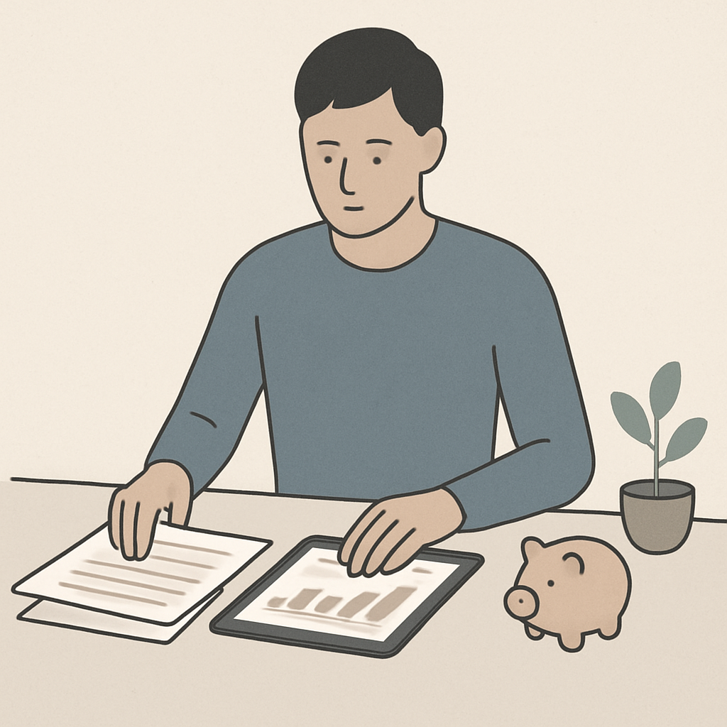 Een minimalistische illustratie van een persoon die aan een bureau documenten en financiële gegevens ordent, symboliserend kalmte en voorbereiding voor de belastingaangifte.