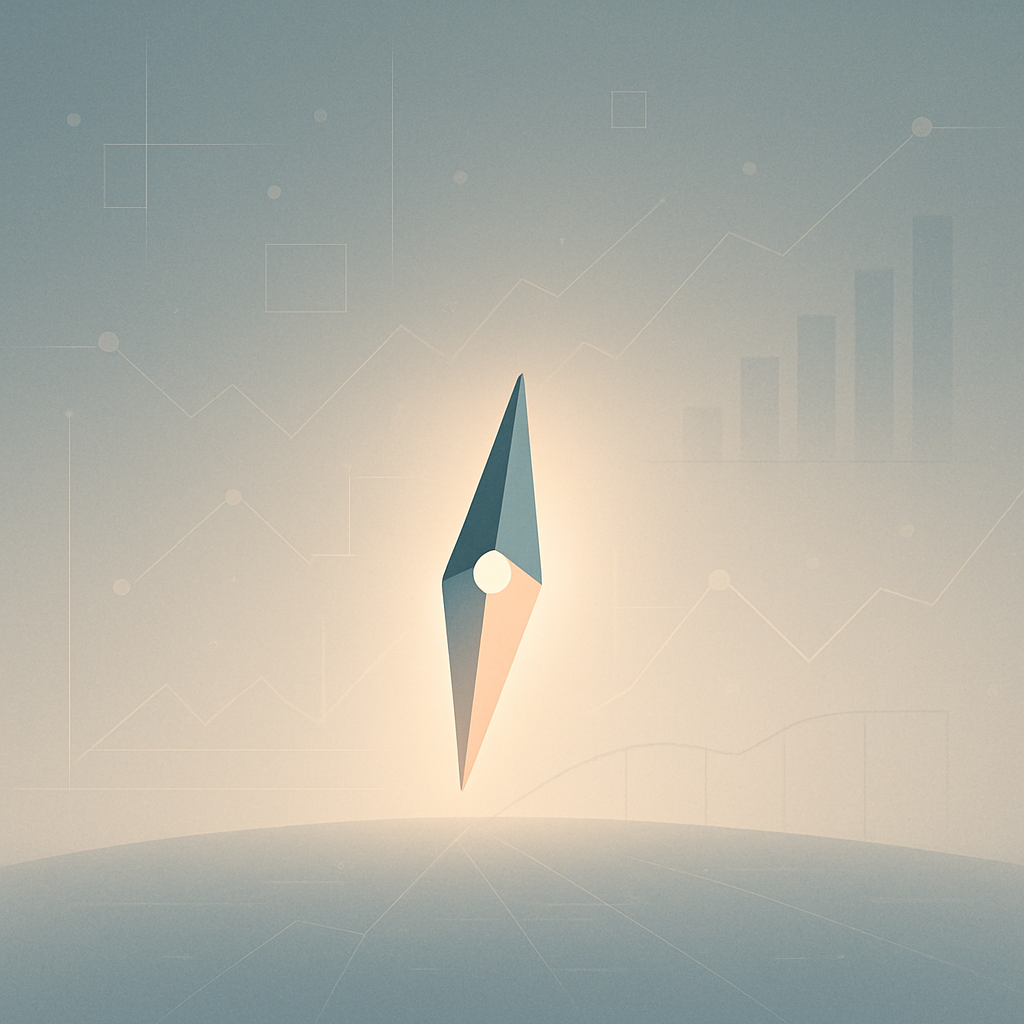 Een minimalistische illustratie van een digitale kompasnaald die wijst naar de toekomst, omringd door abstracte vormen die datapunten en financiële grafieken symboliseren, zonder tekst of cijfers.