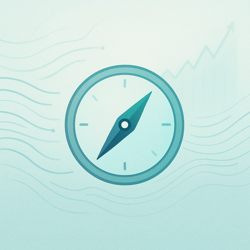 Een minimalistische illustratie van een digitaal kompas omringd door abstracte datastromen, symboliserend pensioenplanning en financiële navigatie.