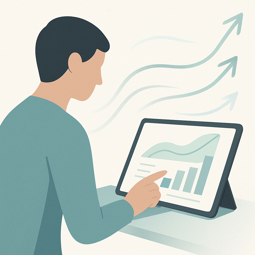 Een minimalistische afbeelding van handen die een tablet of laptop bedienen, waarop abstracte grafieken en financiële gegevens te zien zijn, symboliserend voor pensioenplanning en scenario-analyse.