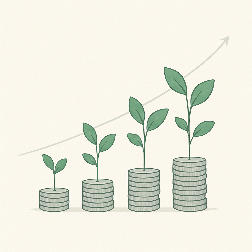 Een minimalistische illustratie van munten waaruit planten groeien, met een stijgende lijn op de achtergrond, wat systematische investeringen en financiële groei symboliseert.