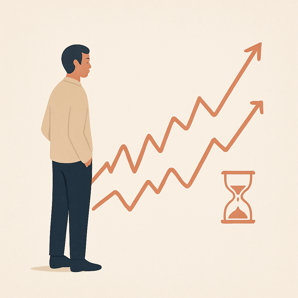 Een minimalistische afbeelding van een rustig persoon die een grafiek met op- en neergaande bewegingen observeert, wat geduld en langetermijnfocus bij beleggen symboliseert.