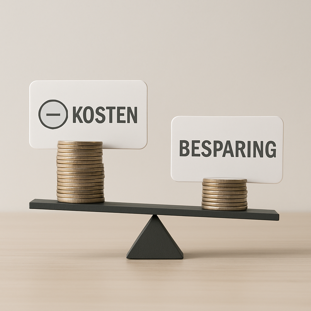 Een minimalistische balansweegschaal. Aan de ene kant liggen munten die de hogere kosten van leningen symboliseren. Aan de andere kant ligt een kleinere, maar groeiende stapel munten die de besparingen voorstellen door slimme keuzes. De weegschaal is licht gekanteld naar de kant van de besparingen.