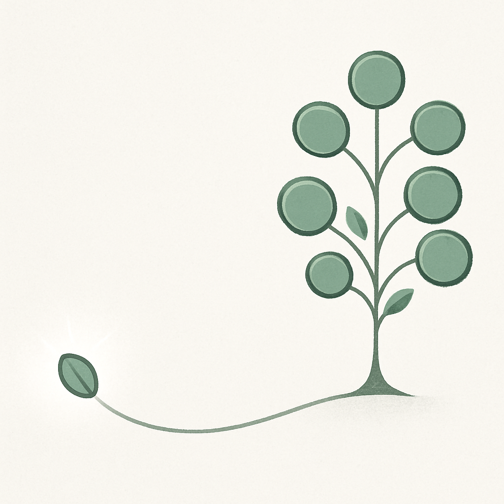 Een minimalistische illustratie die de groei van geld uitbeeldt. Links een klein, stralend zaadje, en rechts een gestileerde geldboom met muntachtige bladeren. Een subtiele, omhoog gebogen lijn verbindt het zaadje met de boom, wat financiële groei en het 'rente op rente'-principe symboliseert.