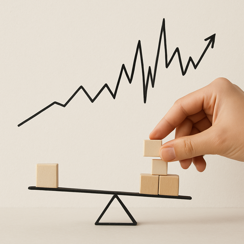 Een minimalistische afbeelding van een fluctuerende beursgrafiek met een hand die blokken plaatst op een weegschaal, symbolisch voor risicobeheer en diversificatie bij beleggen.