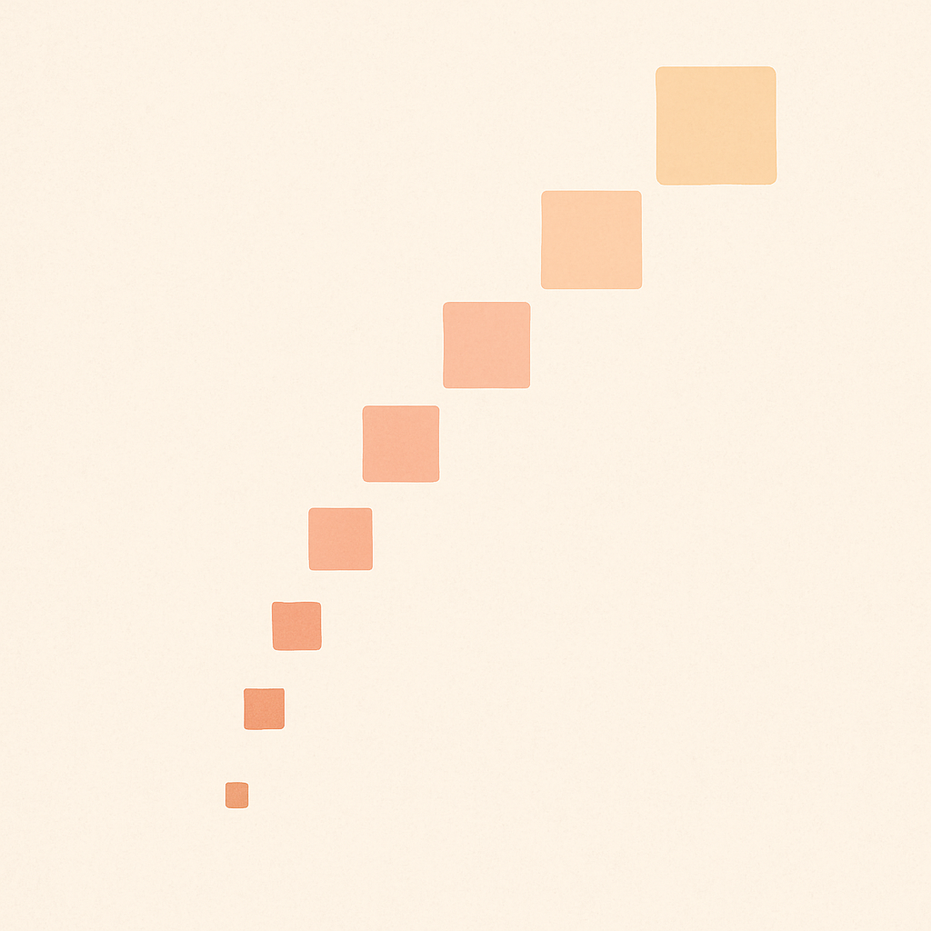 Een minimalistische afbeelding die het concept van samengestelde rente illustreert door een spiraalvormige reeks van toenemende groottes, beginnend bij een klein punt en uitwaaierend naar grotere elementen, wat exponentiële groei en accumulatie symboliseert.