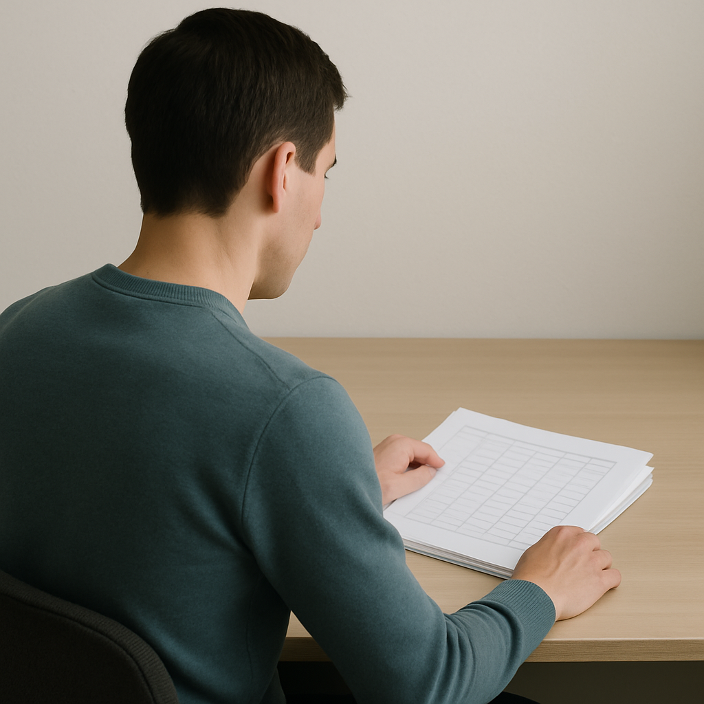 Een minimalistische afbeelding van een persoon die geconcentreerd naar een georganiseerde stapel documenten op een bureau kijkt, symboliserend het creëren van inzicht in schulden.