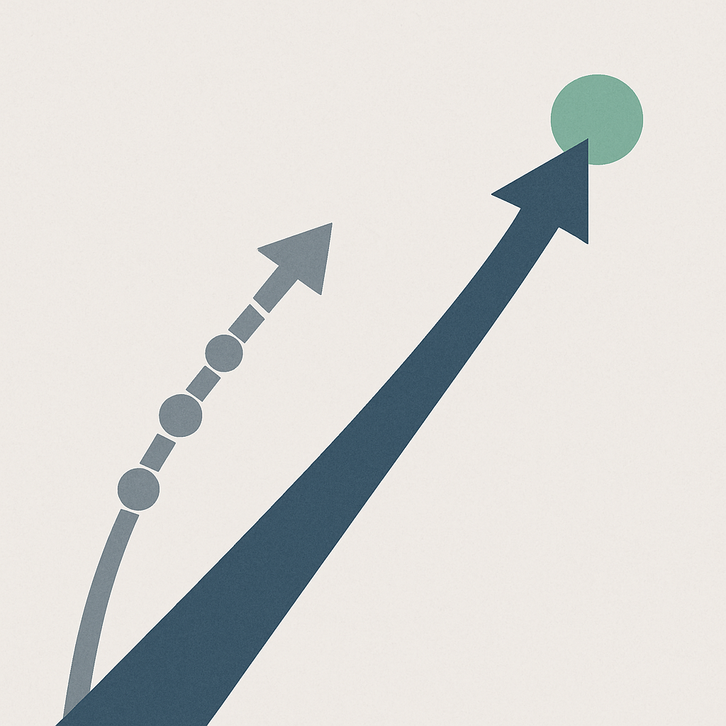 Een minimalistische afbeelding die twee methoden voor schuldaflossing symboliseert: een pad met kleine stappen voor de sneeuwbalmethode en een directe, grote pijl voor de lawine methode, convergerend naar financiële vrijheid.