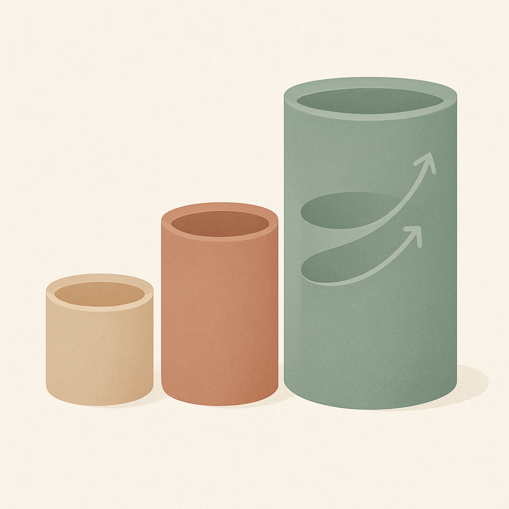 Een minimalistische afbeelding van abstracte vormen die verschillende financiële budgetcategorieën voorstellen, met een groter en groeiend segment dat spaargeld en financiële groei symboliseert.