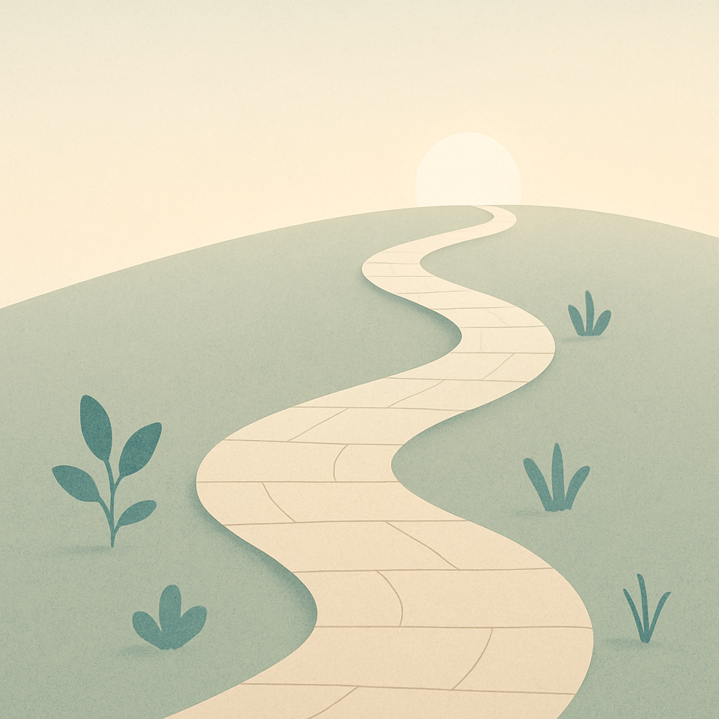 Een minimalistische illustratie van een rustig pad dat omhoog kronkelt naar een heldere horizon, omringd door gevarieerde, kleine groeiende vormen.
