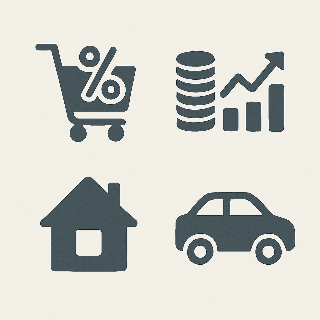 Een minimalistische illustratie met iconen die verschillende soorten belastingen in Nederland voorstellen: een winkelwagen met een percentage voor btw, gestapelde munten voor vermogensbelasting, een huis voor OZB en een auto voor motorrijtuigenbelasting.