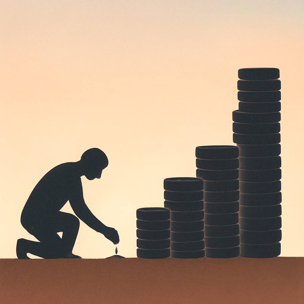 Een minimalistische afbeelding van een persoon die een zaadje plant. Boven de grond groeit een stapel abstracte munten of symbolen exponentieel, wat de kracht van samengestelde rente en gedisciplineerde investeringen symboliseert.