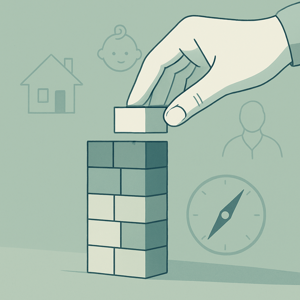 Een gestileerde hand plaatst een blok op een groeiende stapel, symbool voor gestage belastingplanning. Achtergrond toont abstracte levensgebeurtenissen en een kompas dat vooruit wijst, alles in een rustige kleurstelling.